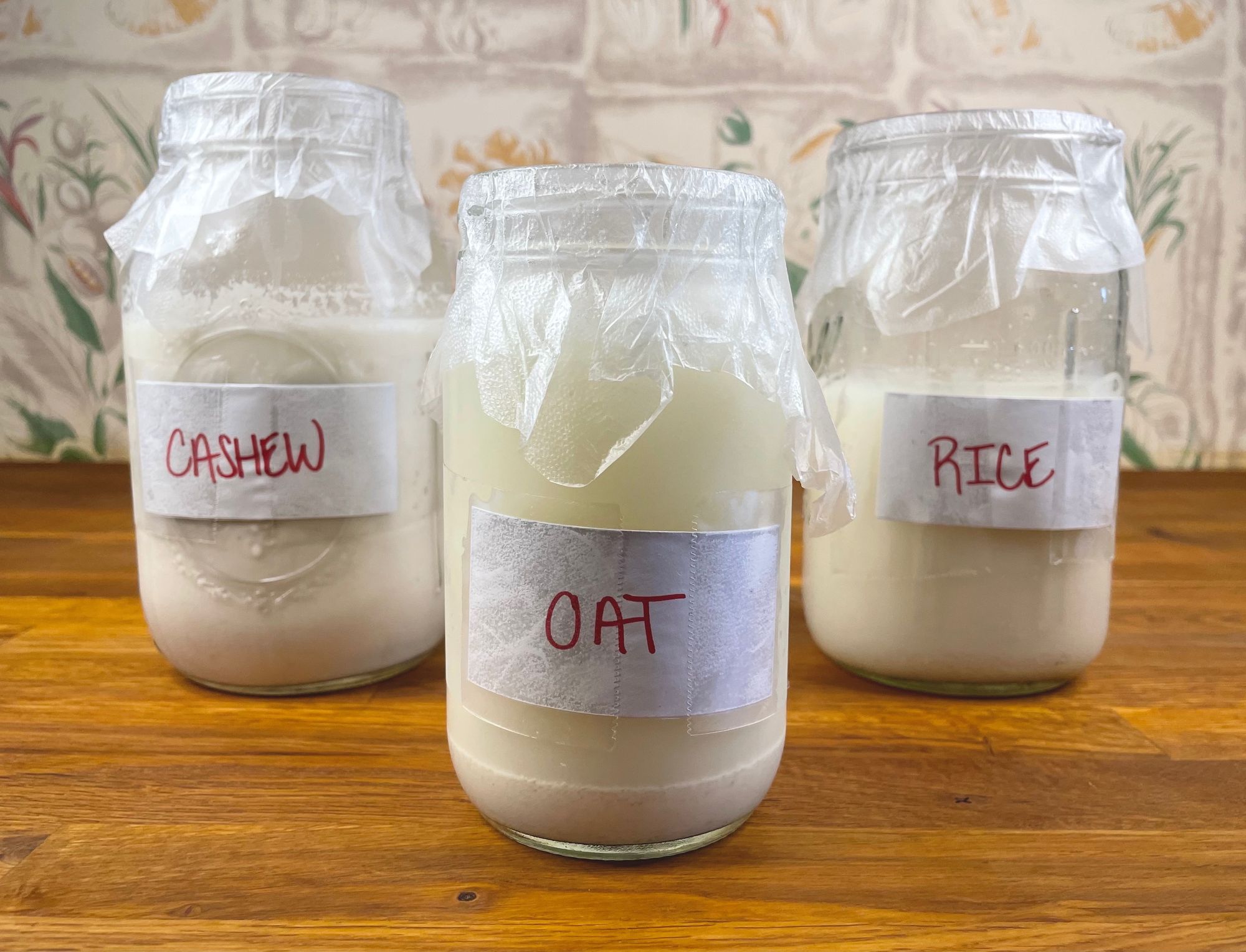 Three mason jars filled with milk on a wooden counter top. Each covered with plastic wrap and labeled. From left to right: cashew, oat, rice.